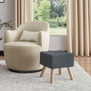 Dark Grey Linen Fabric Footstool with Pine Wood Legs by Living & Home