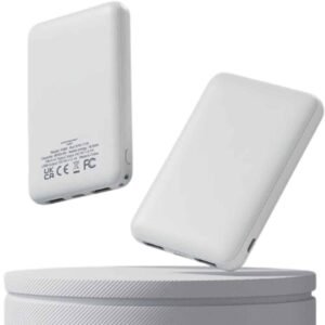 Portable Micro White 5000mAh Compact Power Bank, Dual USB, USB-C, 5V Output